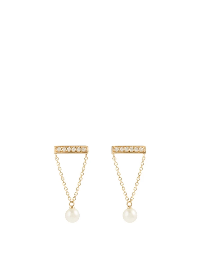 14K Gold Bar Earrings With Pearls And Diamonds