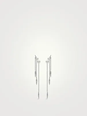 18K White Gold Pearl And Diamond Drop Chain Earrings