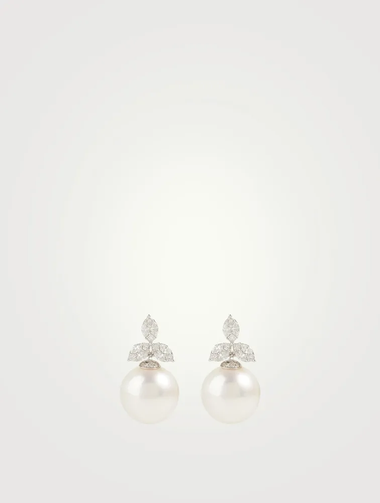 18K White Gold Pearl Earrings With Diamonds