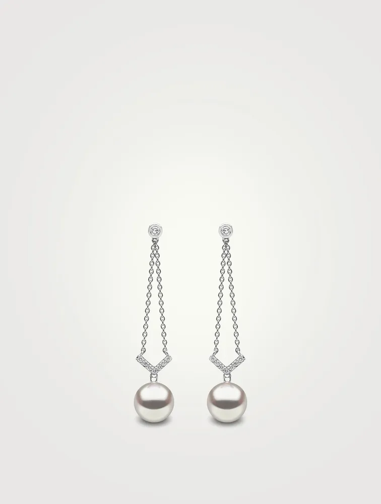 18K White Gold Pearl And Diamond Drop Chain Earrings