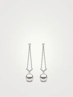 18K White Gold Pearl And Diamond Drop Chain Earrings