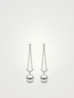 18K White Gold Pearl And Diamond Drop Chain Earrings