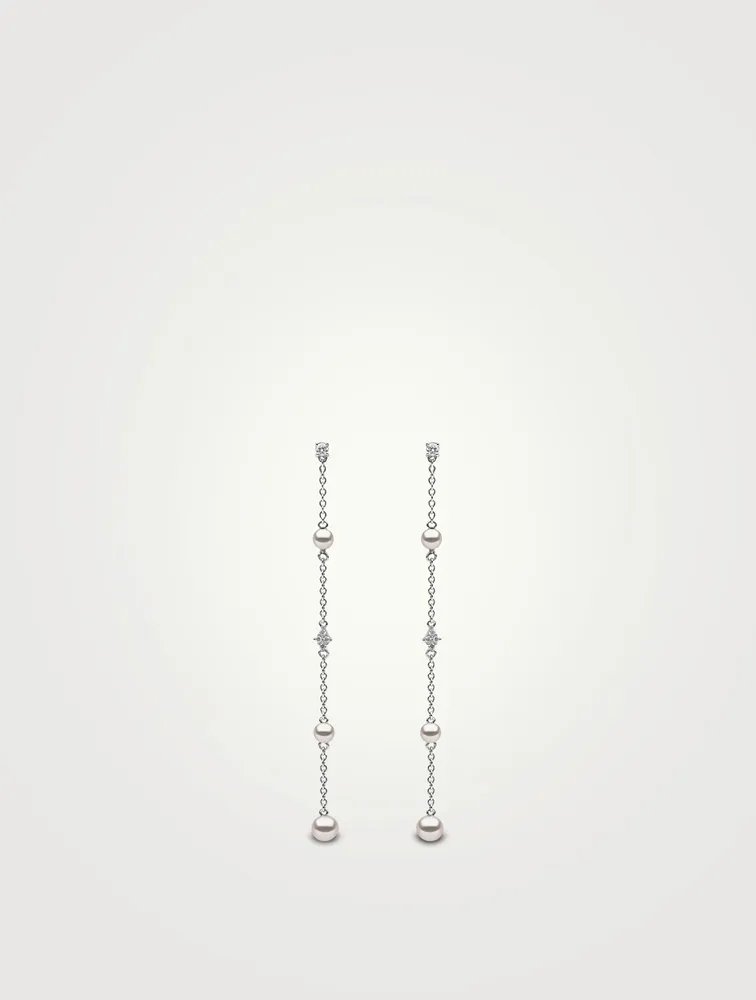 18K White Gold Pearl And Diamond Drop Chain Earrings