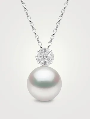18K White Gold Pearl And Diamond Pendant Necklace
