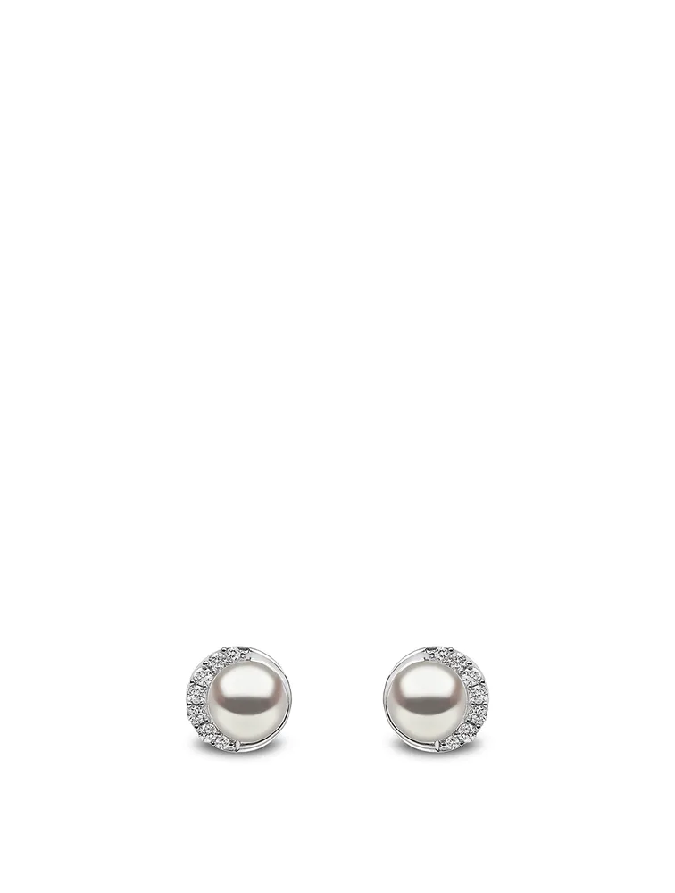 18K White Gold Pearl Stud Earrings With Diamonds