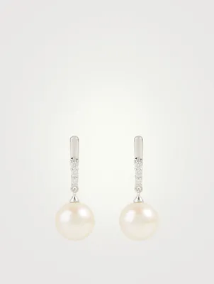 18K White Gold Pearl Drop Earrings With Diamonds