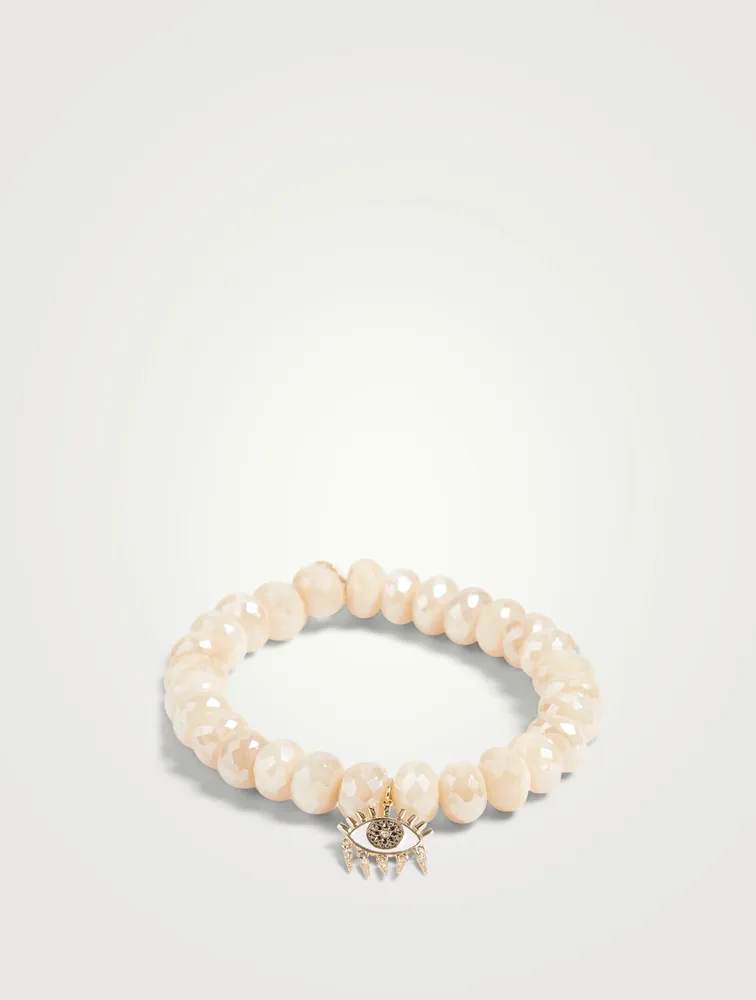 Beaded Bracelet With 14K Gold Small Kaleidoscope Eye Diamond Fringe Charm