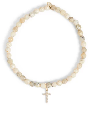Beaded Bracelet With 14K Gold Small Diamond Cross Charm
