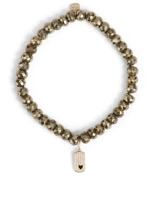 Beaded Bracelet With 14K Gold Tiny Diamond Heart Dog Tag Charm