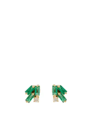 Fireworks 18K Gold Stud Earrings With Emerald And Diamonds