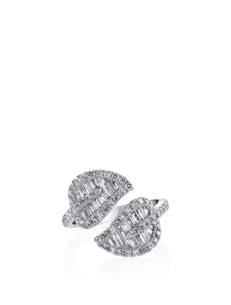 Medium 18K White Gold Leaf Ring With Diamonds