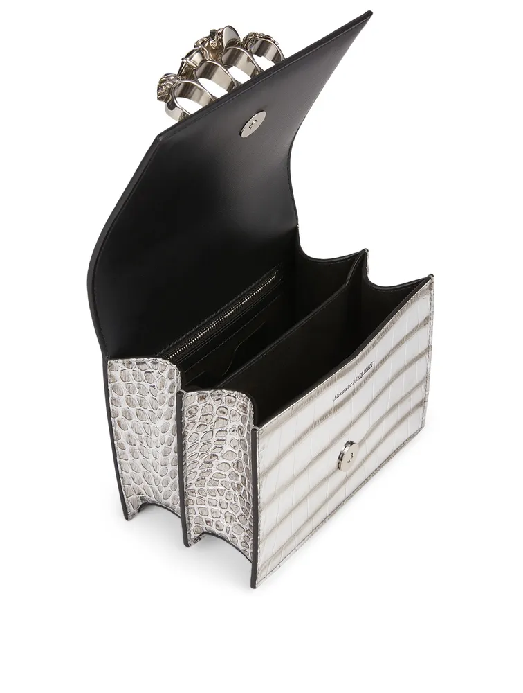 Small Croc-Embossed Leather Jewelled Satchel Bag