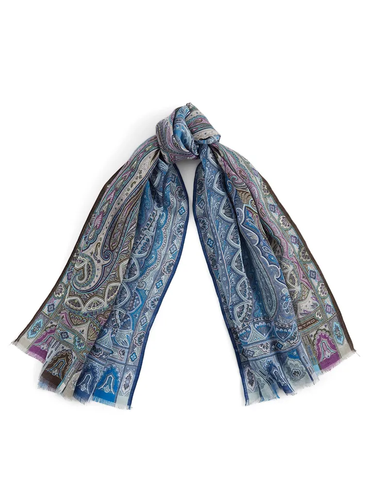 Linen Scarf In Bicolour Paisley Print