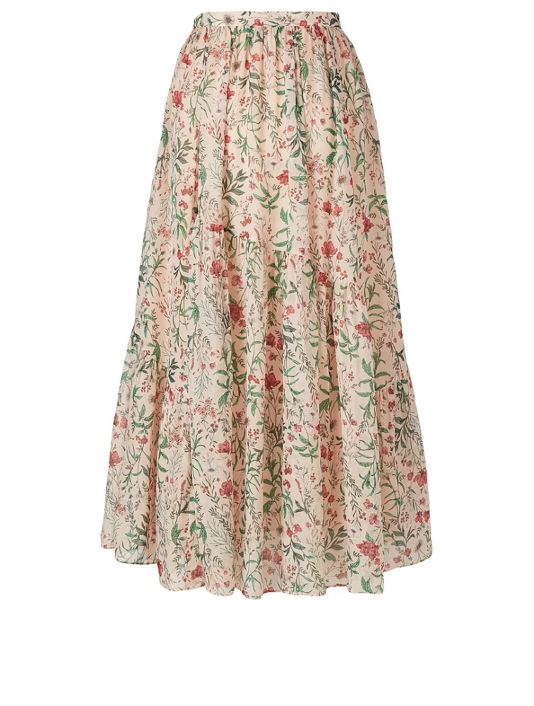 Genie Silk Tiered Midi Skirt Floral Print