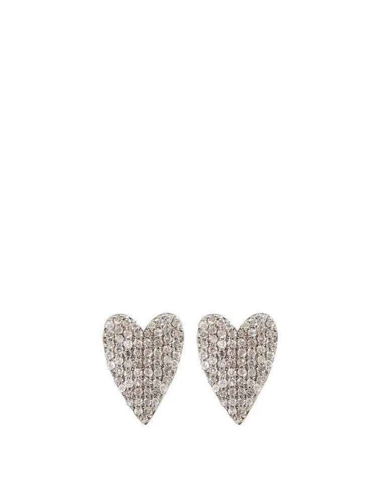 Silver Folded Heart Stud Earrings With Diamonds