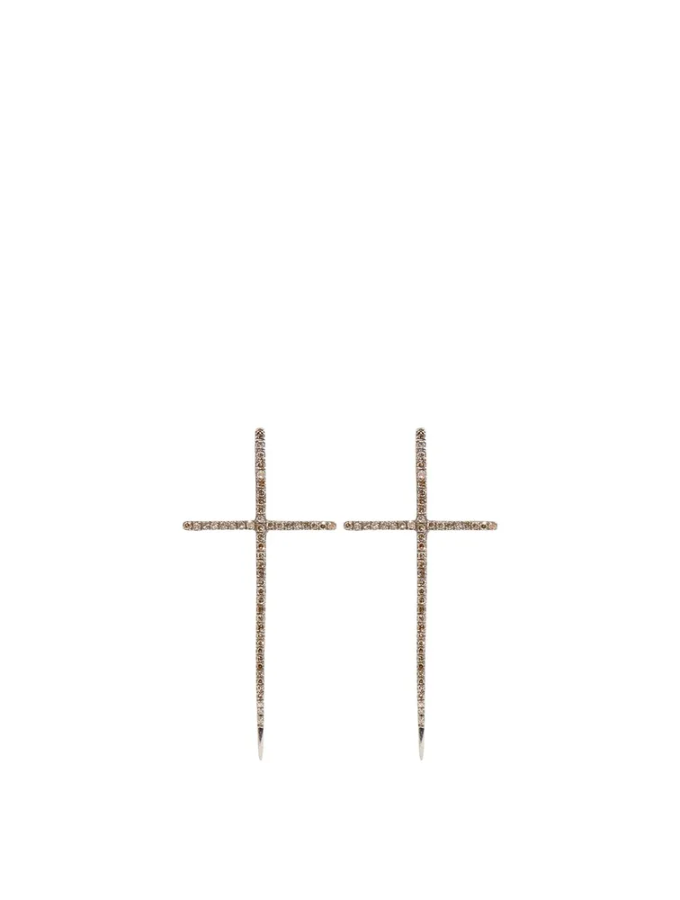 Silver Spike Cross Earrings With Diamonds