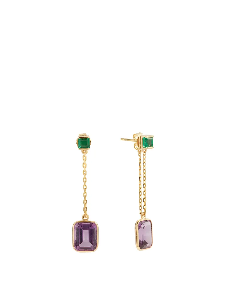 18K Gold Drop Chain Earrings With Emerald And Amethyst
