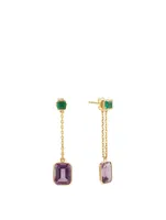 18K Gold Drop Chain Earrings With Emerald And Amethyst