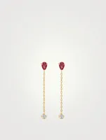 18K Gold Drop Chain Earrings With Ruby And Aquamarine