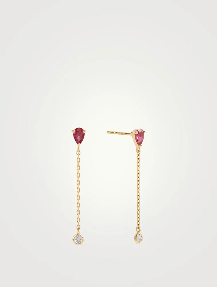 18K Gold Drop Chain Earrings With Ruby And Aquamarine
