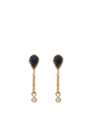 18K Gold Drop Chain Earrings With Sapphire And Diamonds