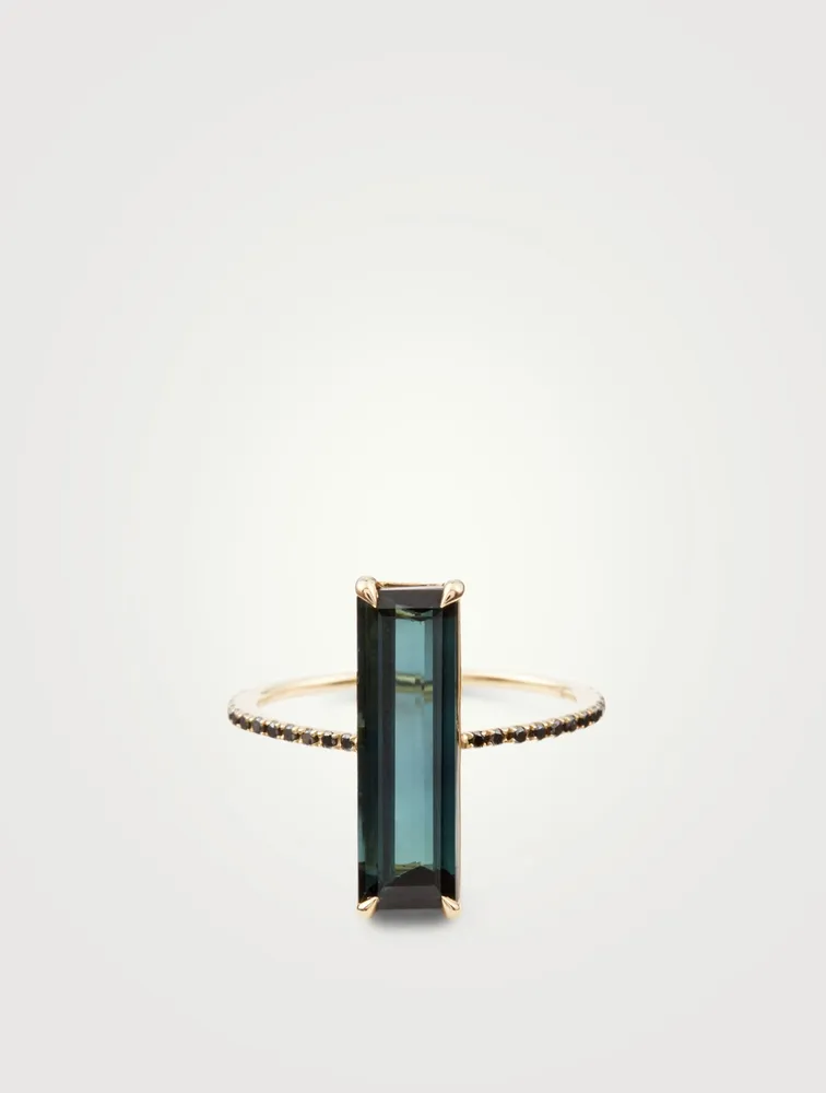 18K Gold Ring With Indicolite And Black Diamonds