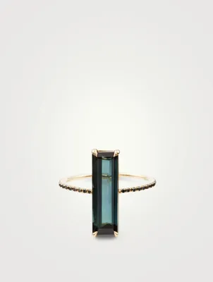 18K Gold Ring With Indicolite And Black Diamonds
