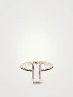 18K Gold Ring With Morganite And Black Diamonds