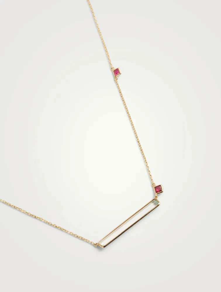 18K Gold Bar Necklace With Aquamarine And Ruby
