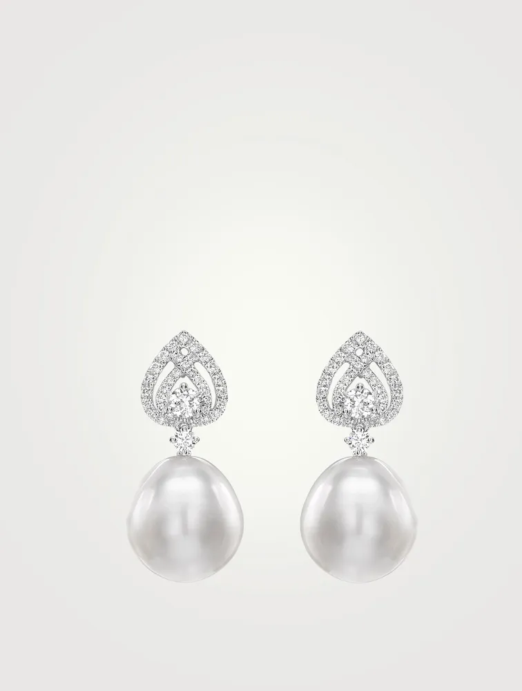 Lotus 18K White Gold Pearl Drop Earrings With Diamonds