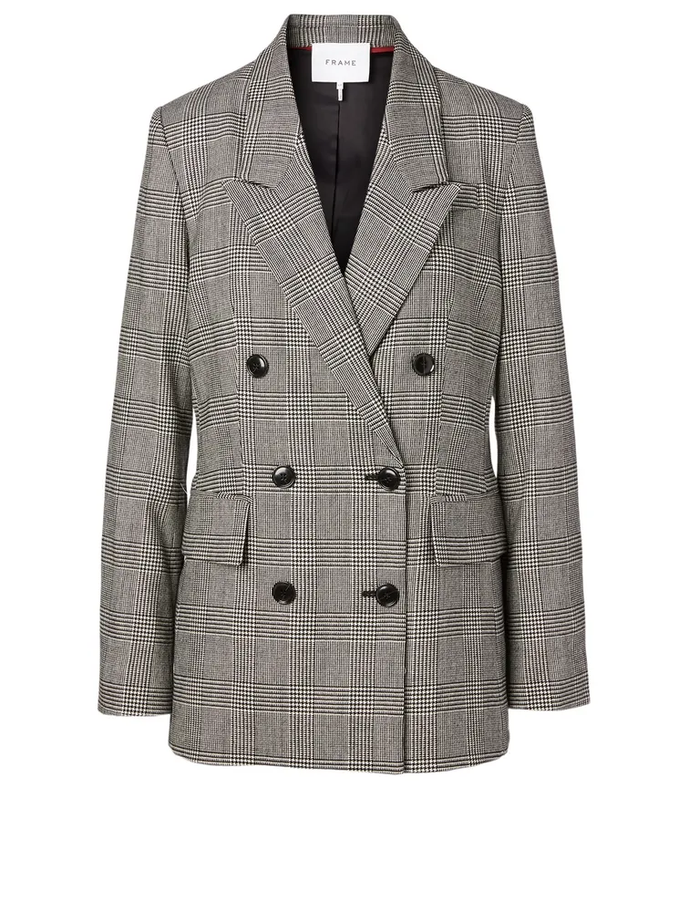 Wool-Blend Double-Breasted Blazer Plaid Print