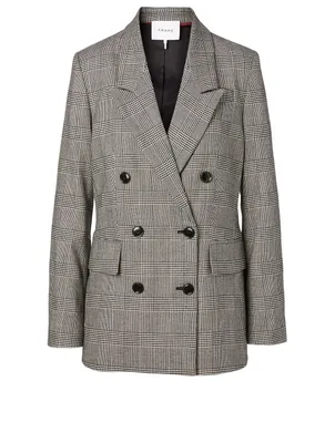 Wool-Blend Double-Breasted Blazer Plaid Print