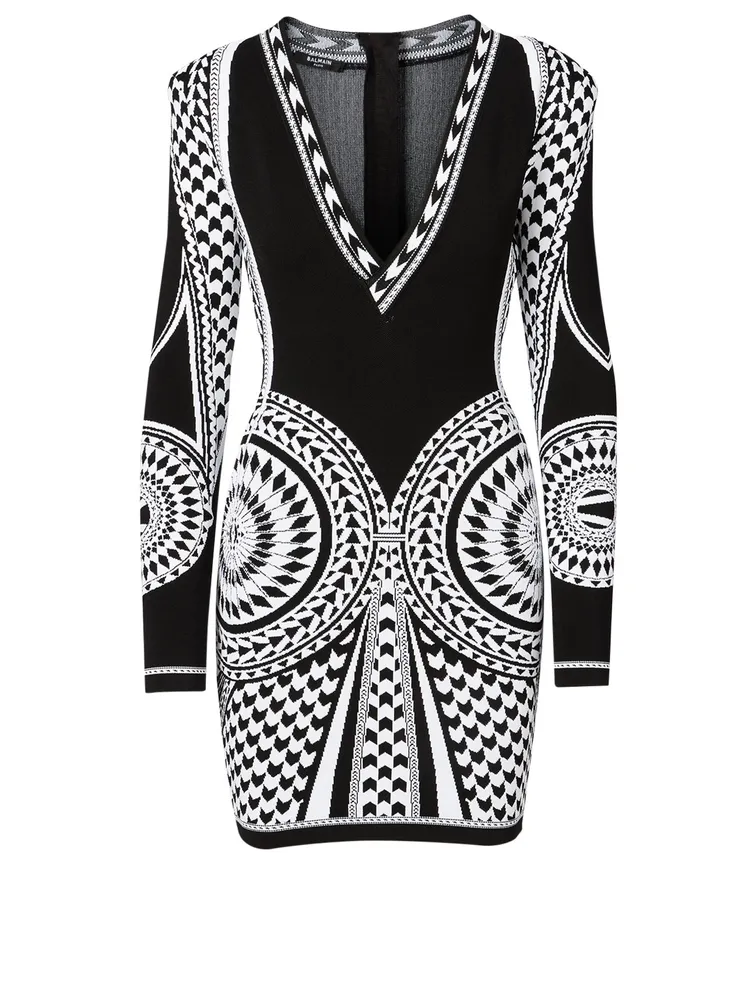 Jacquard Long-Sleeve Mini Dress