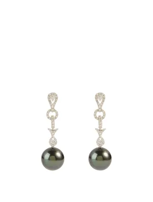18K White Gold Tahitian South Sea Pearl Drop Earrings With Diamonds