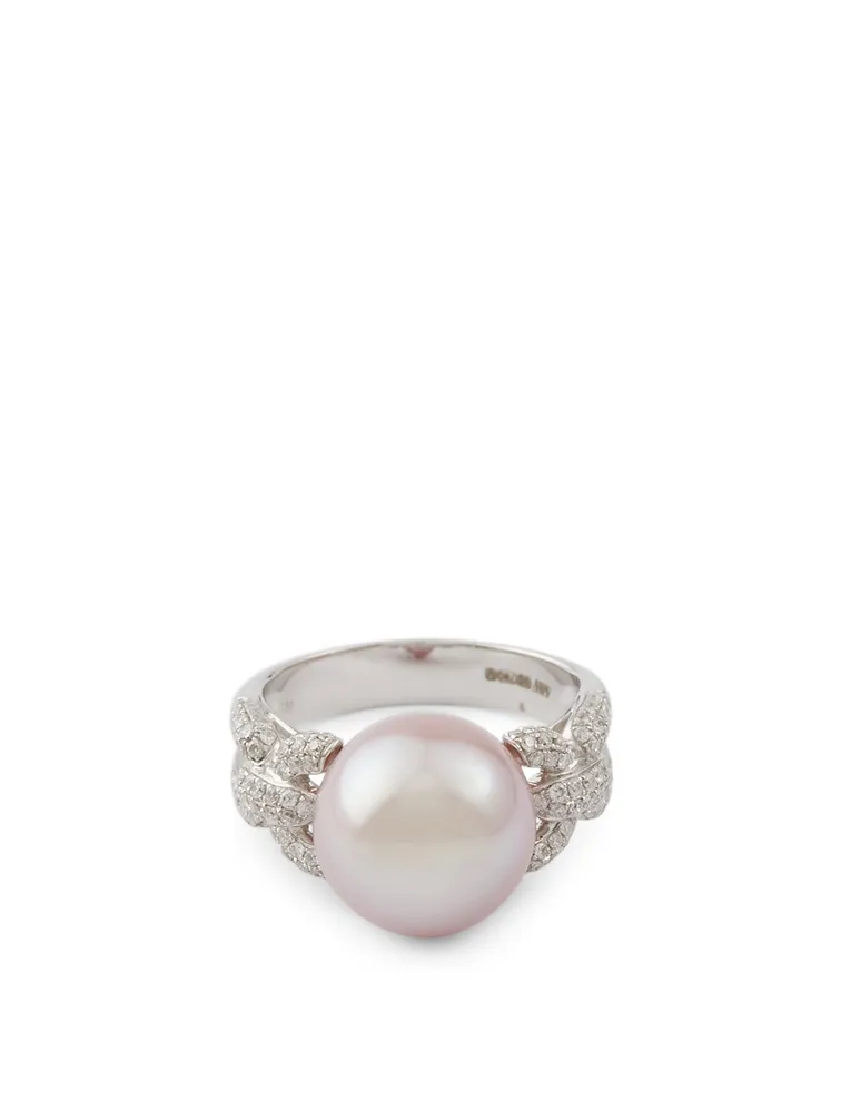 18K White Gold Pearl Ring With Diamonds