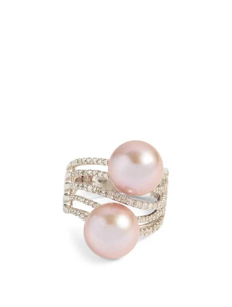 18K White Gold Pearl Ring With Diamonds