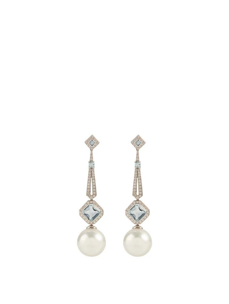 18K White Gold Australian South Sea Pearl And Aquamarine Earrings With Diamonds