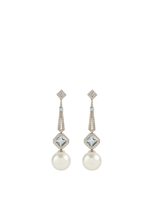 18K White Gold Australian South Sea Pearl And Aquamarine Earrings With Diamonds