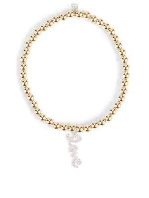14K Gold Beaded Bracelet With Mini 14K White Gold Diamond Love Charm