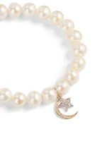 Pearl Bracelet With 18K Yellow And White Gold Diamond Star And Moon Charms