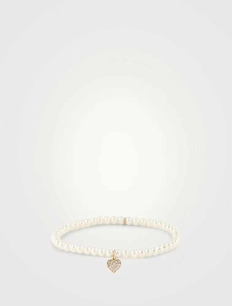 Pearl Bracelet With 14K Gold Diamond Playing Card Heart Charm