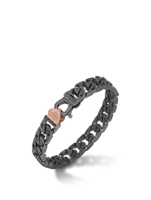 Flaming Tongue Logo Silver Link Bracelet With Black Diamonds