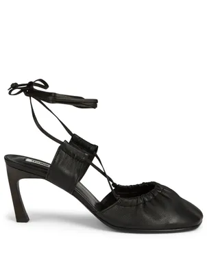 Toe Shirring Leather Ankle-Tie Pumps