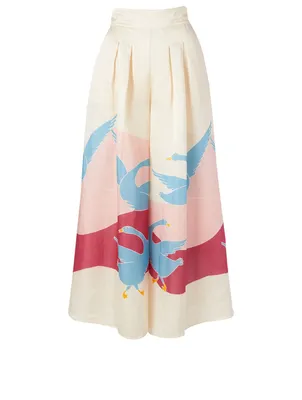Satin And Linen Palazzo Pants Bird Print