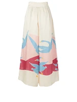 Satin And Linen Palazzo Pants Bird Print