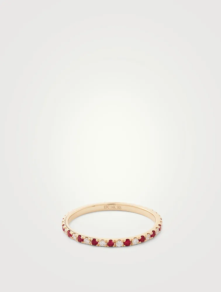 14K Gold Eternity Band Ring With Diamonds And Rubies