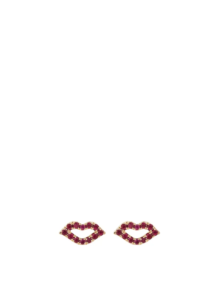 14K Gold Kiss Stud Earrings With Rubies
