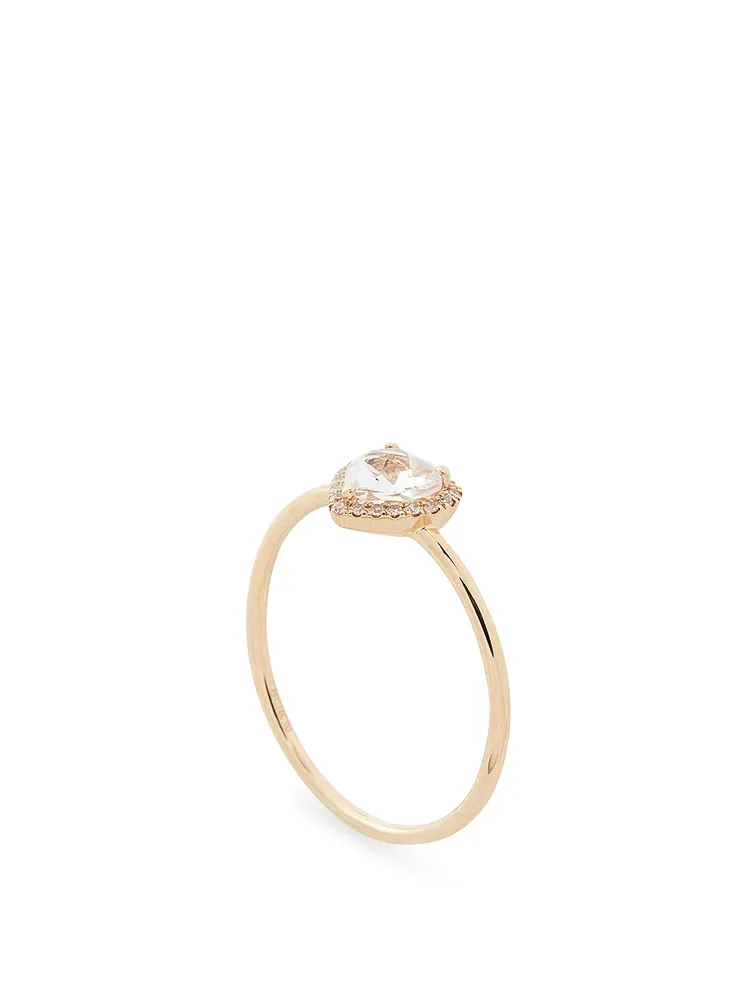 14K Gold White Topaz Heart Ring With Diamonds