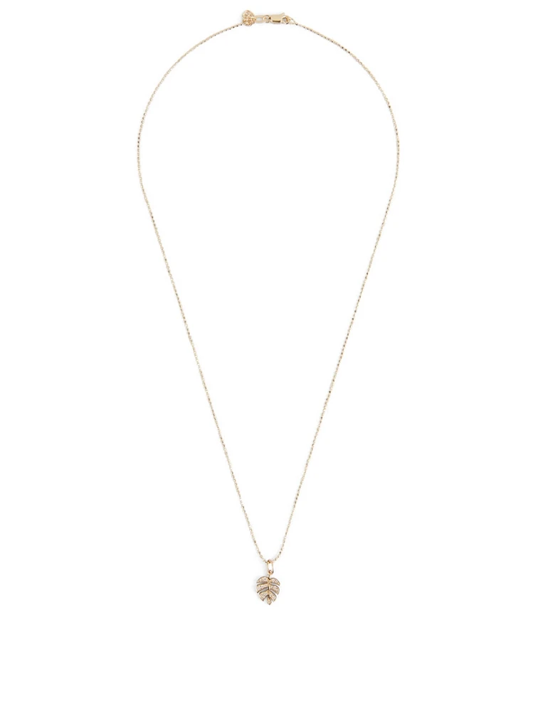 Small 14K Gold Monstera Leaf Necklace With Diamonds