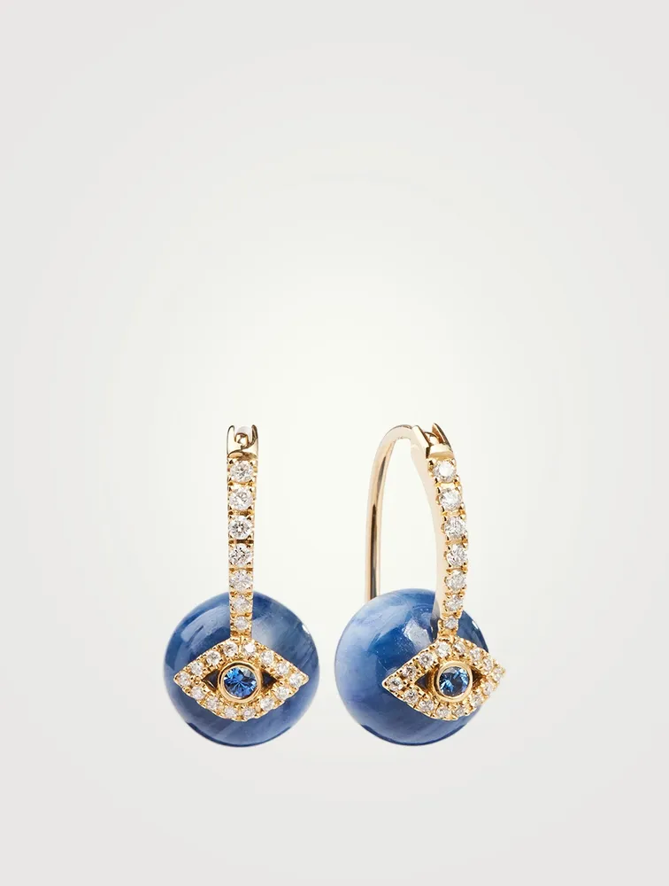14K Gold Kyanite Evil Eye Earrings With Diamonds And Sapphires